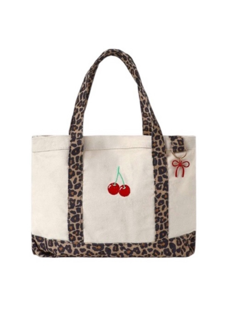 Cherry Leopard Bow Charm Canvas Tote Bag